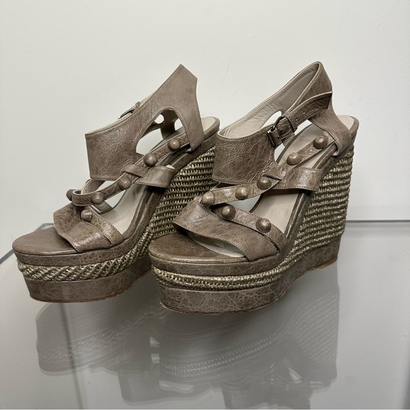 Balenciaga Leather Arena Studded Strappy Raffia Wedge Sandals - Picture 3 of 5
